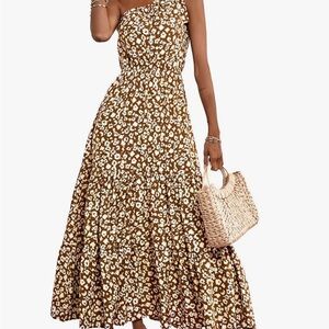 Brown Floral One-Shoulder Dress